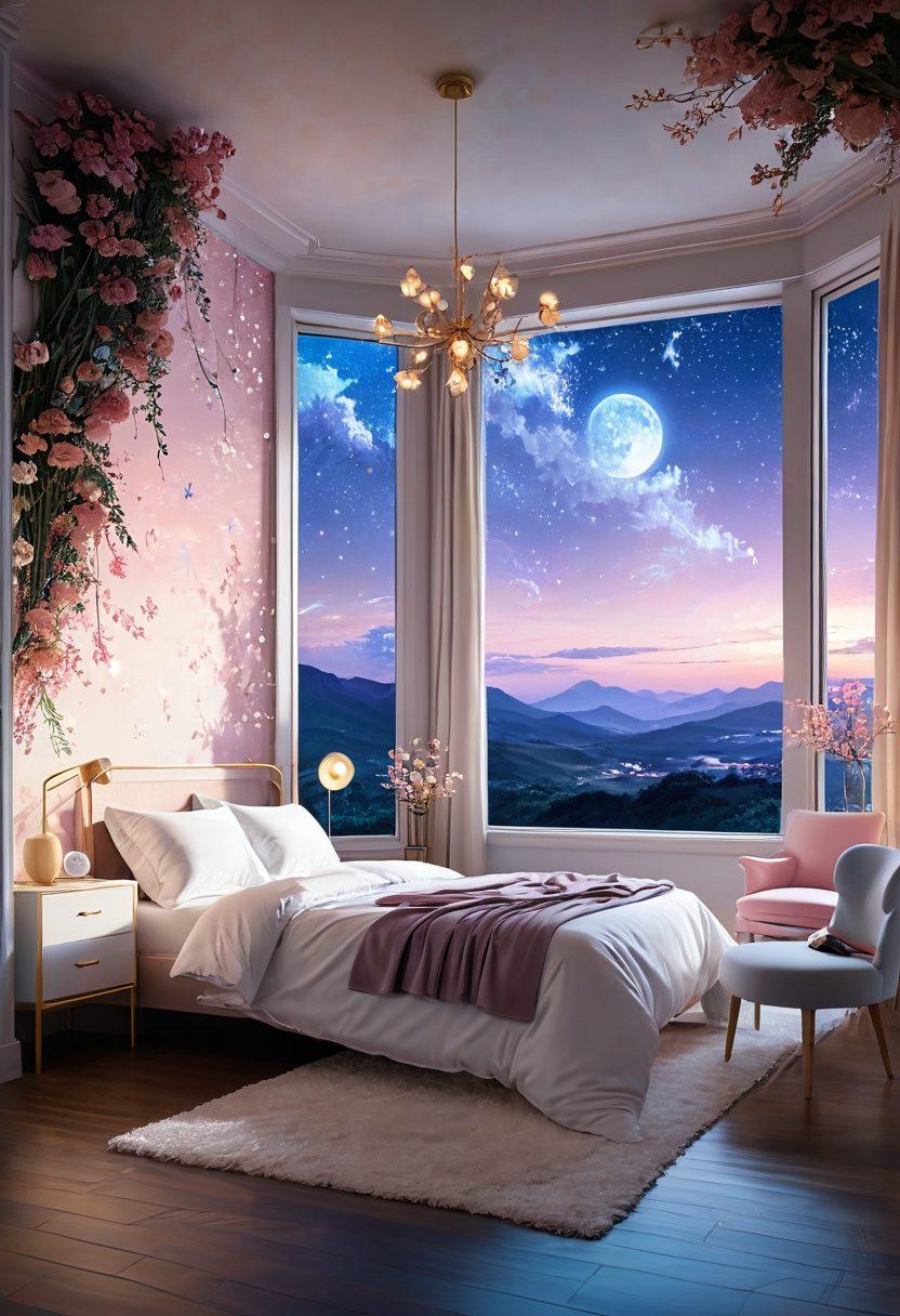 A surreal bedroom scene blending elements of fantasy and reality, with an ethereal adult anime character interacting intimately with a couple. The backdrop features dreamy landscapes merging anime aesthetics with lifelike details, showcasing emotions of connection and intimacy. Subtle glowing effects and whimsical elements add enchantment to the atmosphere. soft colors. 3D. vibrant details.