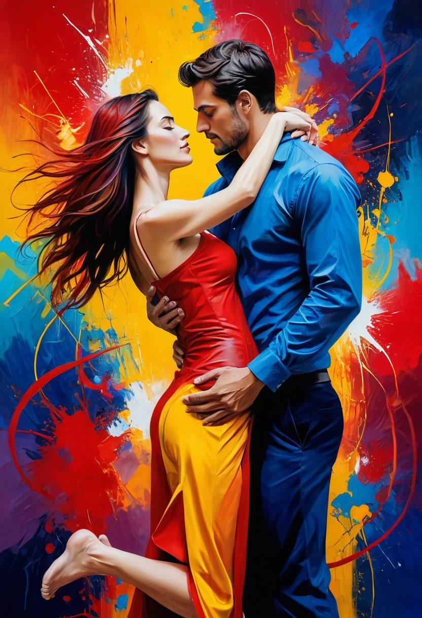 A creative interpretation of a couple engaged in playful, sensual artistic expressions, surrounded by vivid splashes of color and abstract forms symbolizing love and intimacy. Incorporate elements like intertwined bodies, paintbrushes, and flowing canvases to highlight the exploration of eroticism in relationships. The setting should feel warm and inviting, blending art with romance. vibrant colors. abstract art.